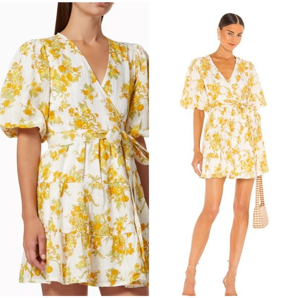 Faithfull The Brand Rooney Wrap Mini Dress linen yellow floral size 4